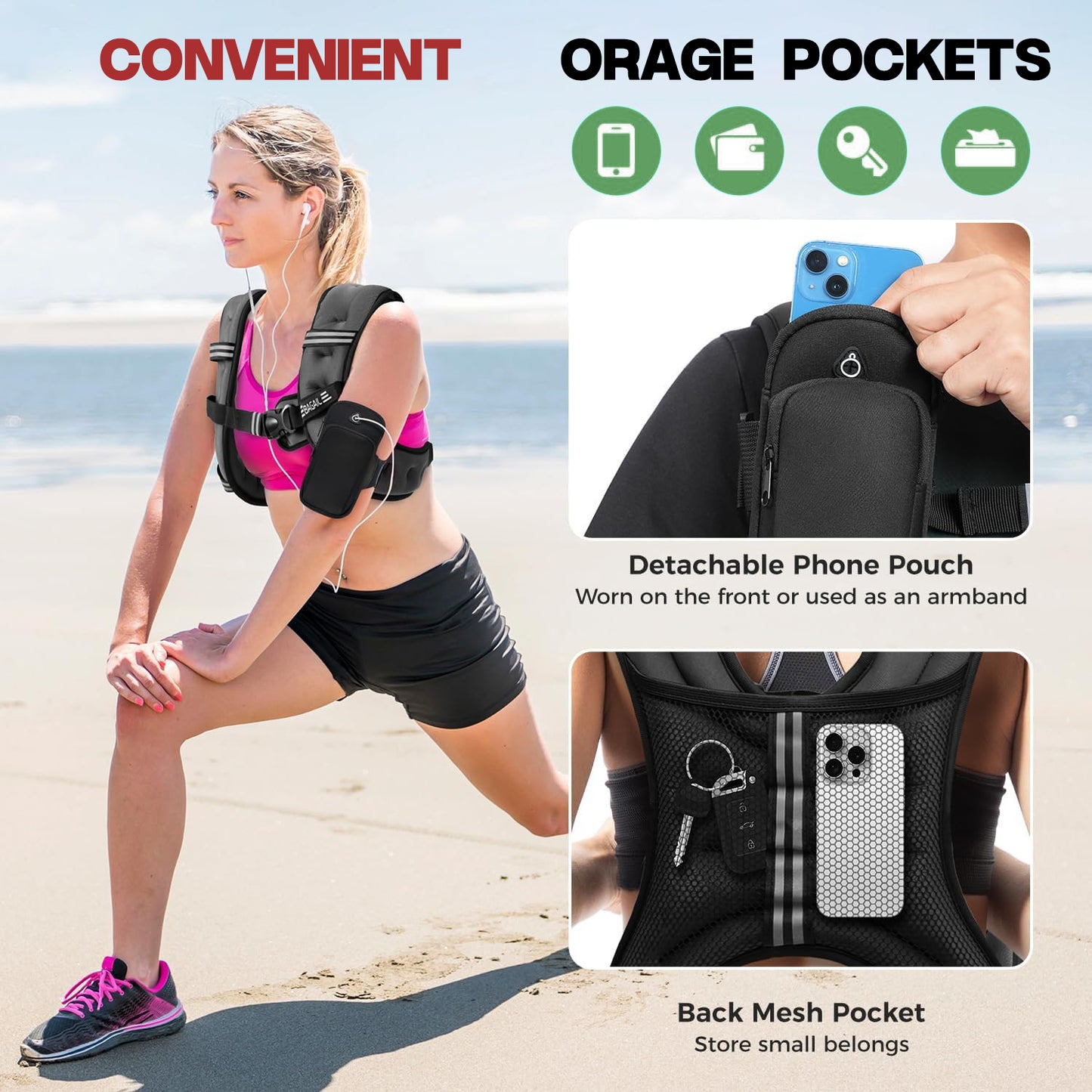 Customisable 5/10/12/15/20/25/30LB strength training adjustable running weight vest with male/female pockets
